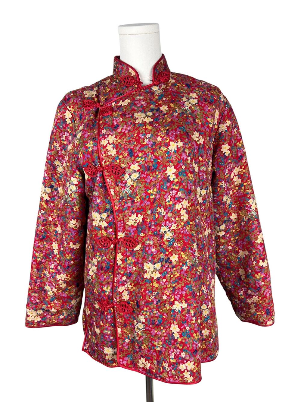 Vintage 80s Floral Long Sleeve Mandarin Collar Toggle Closure Silk Jacket L